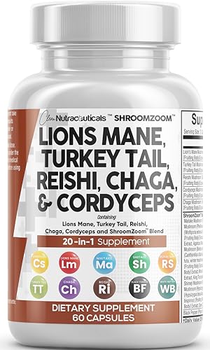 Clean Nutraceuticals Lions Mane 3000mg 20in1 Mushroom Supplement with Turkey Tail 2000mg Reishi 1000mg Cordyceps Chaga 1000mg Maitake Meshima Poria Cocos Shiitake Oyster Porcini Enoki 60 Count