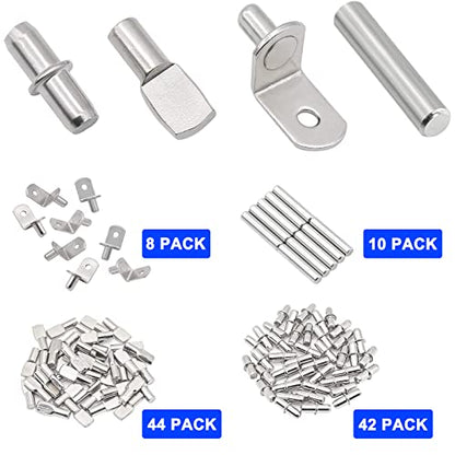 104Pcs Shelf Pins Kit,4 Styles Nickel Plated Shelf Support Pegs,Bookshelf Pegs for Shelves,Cabinet Shelf Bracket Pegs Shelf Pins Holders for Kitchen Furniture & Closet ( 5mm & 1/4inch )