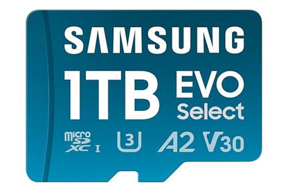 SAMSUNG EVO Select microSD Memory Card + Adapter, 1TB microSDXC, Up to 160 MB/s, UHS I, C10, U3, V30, A2, for Mobile Phone, Smartphones, Nintendo-Switch, and Tablets (MB-ME1T0SA/AM)