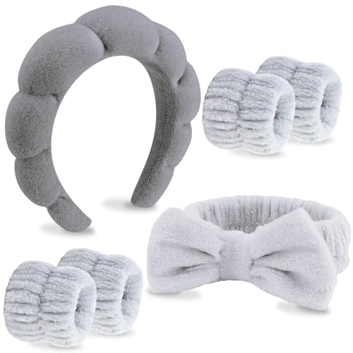 VELSCRUN 6 Pack Spa Headband, Makeup Headband, Face Wash Headband, Skincare Headbands, Grey Sponge Hair Band Bow Tie Spa Headband for Washing Face Wristband Set Hair Accessories for Women Girls Gifts