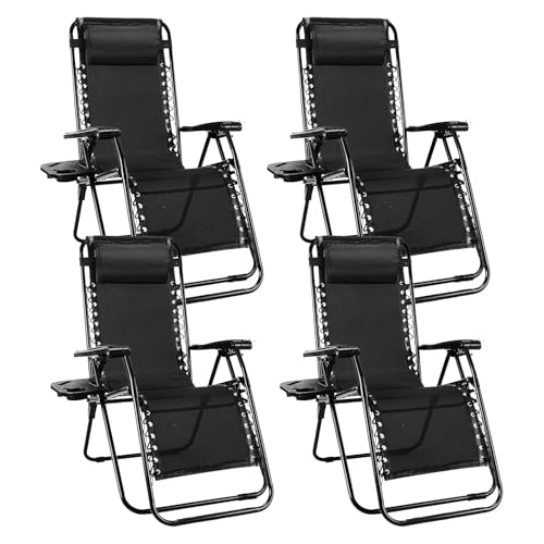 Sweetcrispy Zero Gravity Chairs, Set of 4 Portable Recliner Beach Camping Patio Outdoor Folding Lounge Chair with Cup Holder Trays and Adjustable Pillow for Poolside, Garden, Backyard, Lawn, Black