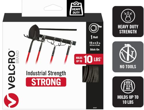 VELCRO Brand Heavy Duty Tape with Adhesive | 15 Ft x 2 In | Holds 10 lbs, Black | Industrial Strength Roll, Cut Strips to Length | Strong Hold for Indoor or Outdoor Use, 15ft x 2in