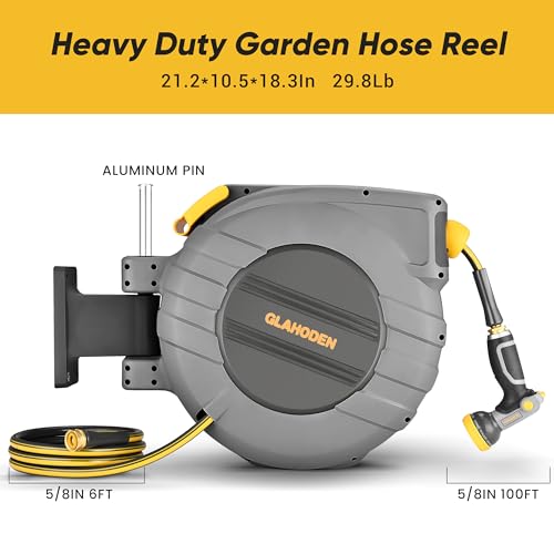 GLAHODEN Retractable Garden Hose Reel 5/8 in x 100 ft Upgraded UV Resistant Heavy Duty Automatic Hose Reel Wall Mount 3/4 in Brass Fitting 9 Pattern Nozzle Any Length Lock Slow Retraction 180° Swivel