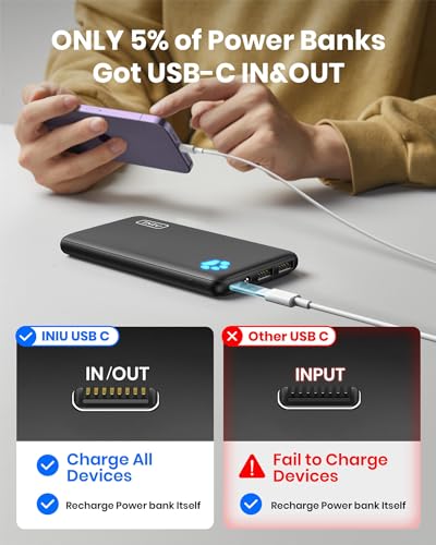 INIU Portable Charger, Slimmest 10000mAh 5V/3A Power Bank, USB C in&Out High-Speed Charging Battery Pack, External Phone Powerbank Compatible with iPhone 15 14 13 12 X Samsung S22 S21 Google iPad etc