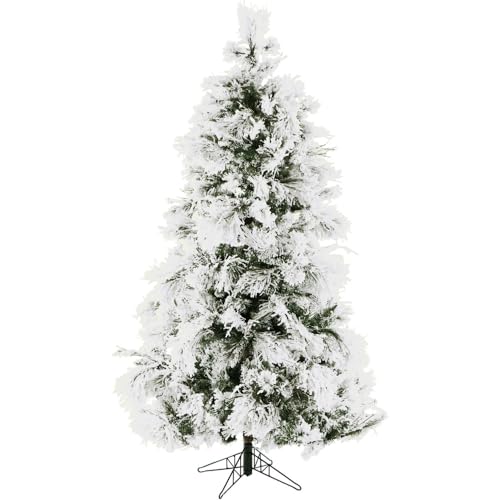 Fraser Hill Farm 6.5-Feet Pre-Lit Snow Flocked Snowy Pine Artificial Christmas Tree with Warm White LED String Lights, Full Silhouette, Realistic Foliage, Stand Included