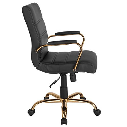 Flash Furniture Whitney Mid-Back Swivel LeatherSoft Desk Chair with Wheels, Padded Seat and Armrests, Adjustable Height Padded Office Chair, Black