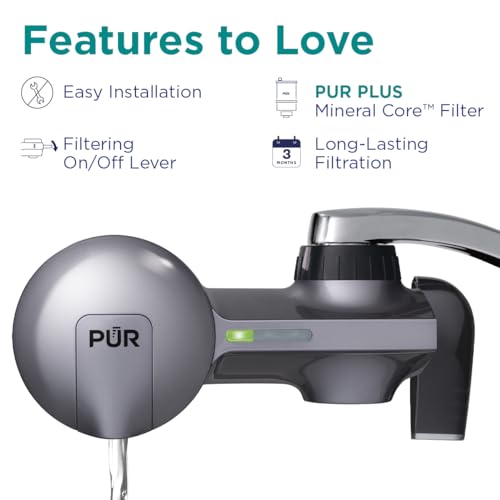 PUR PLUS Faucet Mount Water Filtration System, 3-in-1 Powerful, Natural Mineral Filtration with Lead Reduction, Horizontal, Metallic Grey, PFM350V