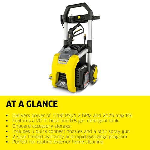 Electric Karcher Pressure Washer K1700, Max 2125 PSI, 3 Spray Nozzles, Detergent Tank, For Cars, Driveways, Siding, Patios, 1.46 max. GPM
