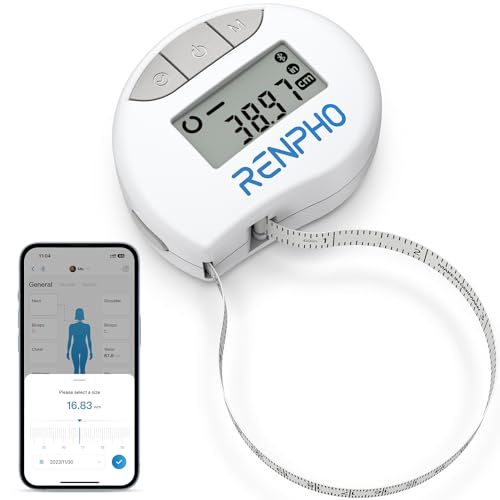 RENPHO Body Measuring Tape, Smart Tape Measure for Weight Loss, Bluetooth Tape with App, Retractable Tape for Measuring Waist, Hip, Bust, Arms, Muscle Gain, Fitness Equipment, 60in /150cm, White