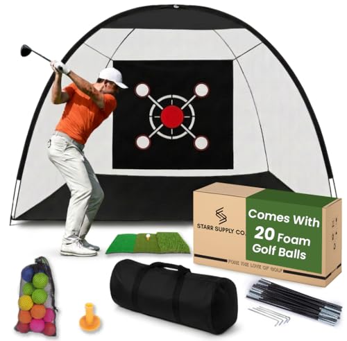 Golf Net for Backyard 10x7ft with 20 Foam Balls Set & Tri-Mat, Heavy Duty Golf Hitting Net Indoor Outdoor with Target, Home Training Equipment for Driving Chipping Swing Practice