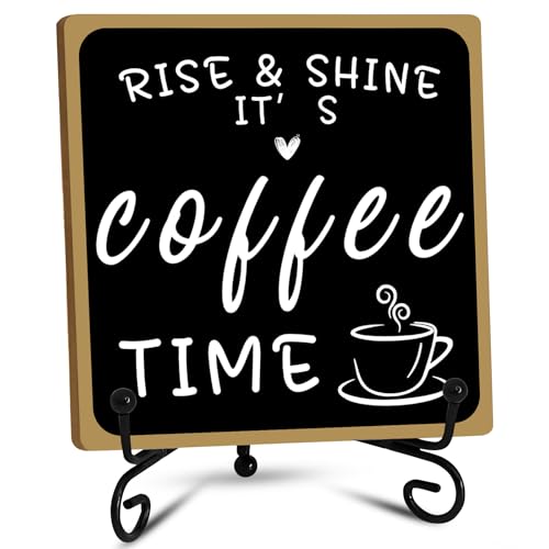 Wooden Coffee Bar Sign Coffee Bar Decor, Coffee Bar Decorations Black and White with Iron Stand Bar Tabletop Shelf Accessories, Coffee Signs Decors for Coffee Station Home Farmhouse Kitchen & Office
