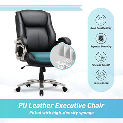 COLAMY Big & Tall Office Chair 400lbs Wide Seat- High Back PU Leather Executive Computer Desk Chair for Heavy People, Large Office Chair with Metal Base & Ergonomic Back Support- Black