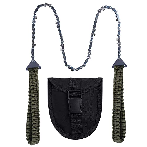 Sucrain Pocket Chainsaw with Paracord Handle, Folding Chain Hand Saw, Emergency Outdoor Survival Gear for Camping, Hunting, Hiking, Cutting Wood & Tree (Army Green, 11 Teeth, 24'' Long)