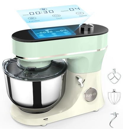 Bonnor Stand Mixer 6QT Kitchen Mixer with LED Smart Touchscreen, 11-Speed Tilt-Head Mixer with Timer, 4 Preset Menus, Stainless Steel Bowl, Dough Hook, Whisk, Beater,Green
