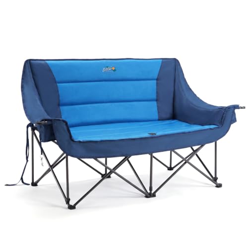 Double Folding Loveseat, Oversized Padded Camping Chair for Adults – Heavy-Duty Supports 700 lbs Portable Outdoor Couch with Cup Holders & Storage Pockets for Outdoors, Lawn, Backyard, Blue