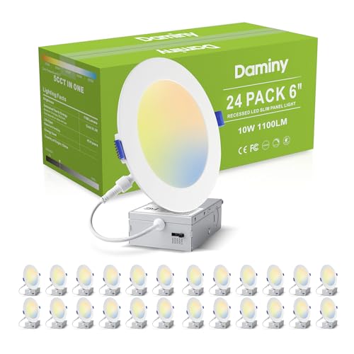 DAMINY 24 Pack 6 Inch LED Recessed Lighting, Canless Wafer Downlight | 5CCT, Ultra-Thin Recessed Light with Junction Box, Dimmable, 10W 1100LM 120V, IC&Damp Rated