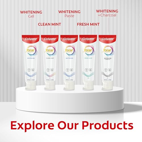 Colgate Total Whitening Toothpaste Paste, 5.1 oz, 4 Pack, Fluoride, Antibacterial, for Plaque, Gingivitis, Sensitivity, Stain Removal, Clinically Proven, Mint, Teeth Whitening, Stannous Fluoride