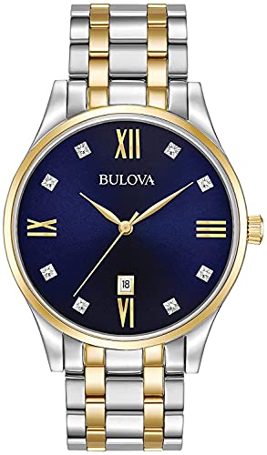 Bulova Men's Classic Two-Tone Stainless Steel 3-Hand Calendar Date Quartz Watch with Diamonds and Blue Dial Style: 98D130
