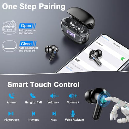 Wireless Earbuds, Bluetooth 5.4 Headphones Deep Bass Stereo, in-Ear Earphones with 4 ENC Noise Canceling Mic, 45H Playtime Dual LED Display Ear Buds, IP7 Waterproof Wireless Headphones for Android iOS