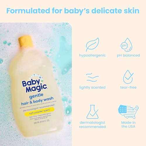 Baby Magic Gentle Hair & Body Wash | Tear-Free, Free of Parabens, Phthalates, Sulfates and Dyes, Calendula Oil & Coconut Oil, Soft Powder Scent, 9 Fl Oz