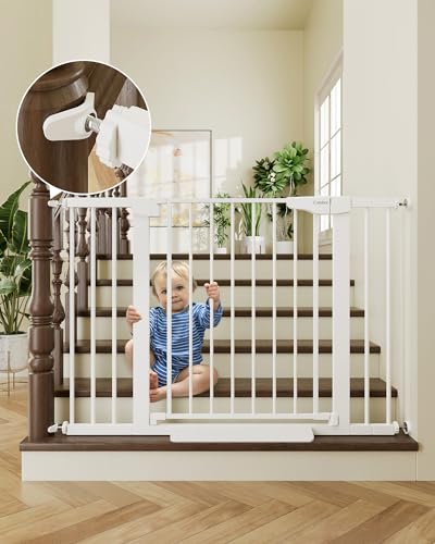 Cumbor 29.7-46" Baby Gate for Stairs, Mom's Choice Awards Winner-Auto Close Dog Gate for the House, Easy Install Pressure Mounted Pet Gates for Doorways, Easy Walk Thru Wide Safety Gate for Dog, White