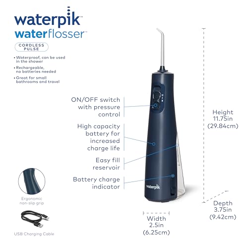 Waterpik Cordless Pulse Rechargeable Portable Water Flosser for Teeth, Gums, Braces Care and Travel with 2 Flossing Tips, Waterproof, ADA Accepted, WF-20 Blue