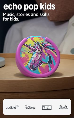 Amazon Echo Pop Kids (newest model), Designed for kids, with Alexa+ Early Access, parental controls, Includes 6 months of Amazon Kids+, Unicorn