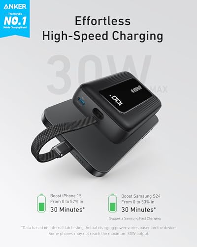 Anker Zolo Power Bank, 10,000mAh 30W Portable Charger with Built-in USB-C Cable for Travel, Fast Charging Battery Pack for iPhone 15 Series, MacBook, Galaxy, iPad, and More