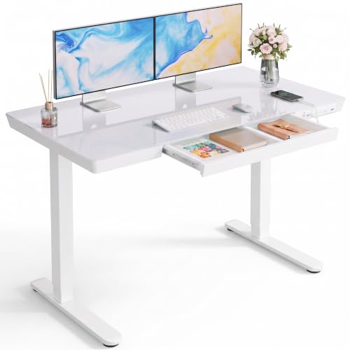 Marsail Glass Standing Desk with Drawer, 48 x 24 inch Electric Standing Desk, Height Adjustable Desk with One-Piece Tabletop & USB Charging Ports, Sit Stand Desk with Storage for Home & Office White