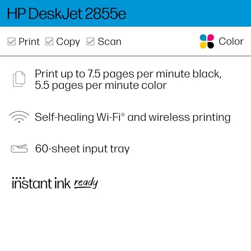 HP DeskJet 2855e Wireless All-in-One Color Inkjet Printer, Scanner, Copier, Best-for-home, 3 months of ink included (588S5A)