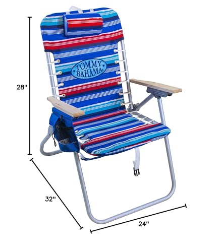 Tommy Bahama Hi-Boy 17" Seat Height 4-Position Lace-Up Suspension Folding Beach Backpack Chair, 1-Pack, Red and Blue Stripe