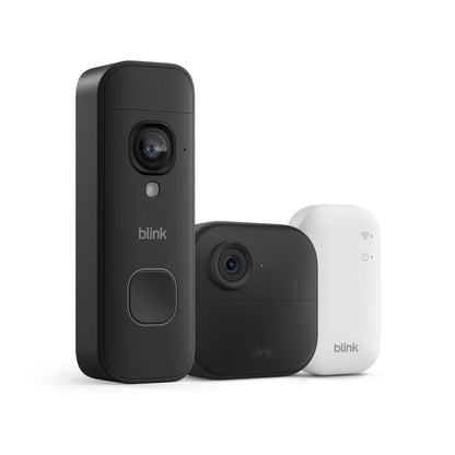 Blink Outdoor 4 and Battery Doorbell 2K+ (newest model) — Two-year battery 1080p camera and 2K battery doorbell. Sync Module Core included — 1 Camera + Doorbell (Black)