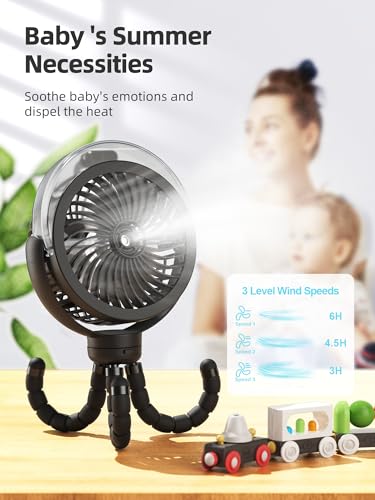 Misting Stroller Fan, 6000mAh Battery Operated Portable Fan with Light & 360° Pivoting, Personal Fan with Flexible Tripod for Baby, Office, Travel,Treadmill,Outdoors