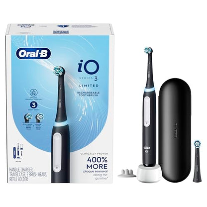 Oral-B iO Deep Clean Rechargeable Electric Powered Toothbrush, Black with iO Series 3 Limited, 2 Brush Heads and Travel Case - Pressure Sensor to Protect Gums - 3 Cleaning Settings - 2 Minute Timer