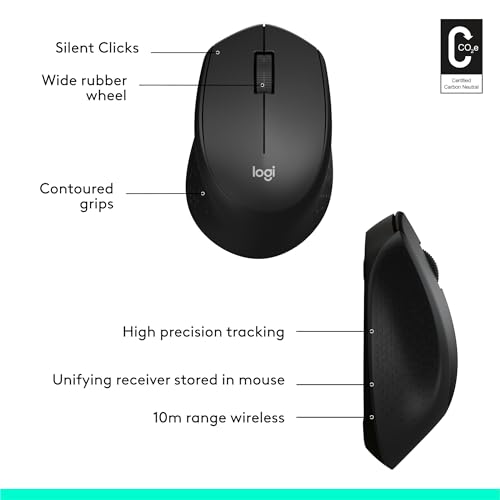 Logitech M330 SILENT Wireless Mouse, 2.4GHz with USB Receiver, Optical Tracking, Quiet & Lightweight, Long Battery Life, for PC, Mac, Laptop, Chromebook - Black