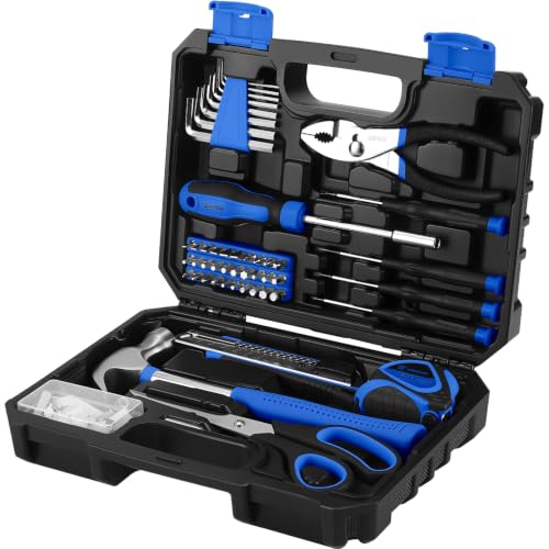 DEKOPRO 50 Piece General Household Hand Tool Kit with Plastic Toolbox Storage Case, All Purpose Home Tool Kit Includes Essential Tools for Office College Repairs - Blue