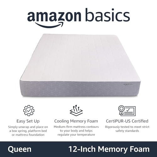 Amazon Basics Cooling Gel-Infused, Medium-Firm Memory Foam Mattress, CertiPUR-US Certified - Queen Size, 80 x 60 x 12 inches, White/Gray