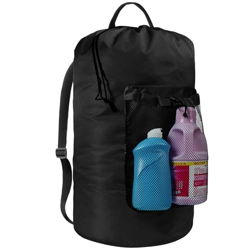 Laundry Bag with Shoulder Straps and Mesh Pocket Laundry Backpack Large Portable Laundry Hamper for College Travel, Laundromat, Apartment (Black)
