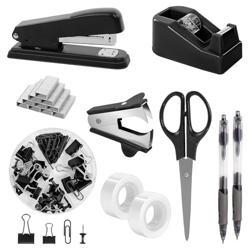 SKYDUE Black Office Supplies Set, Stapler and Tape Dispenser Set,10PCS