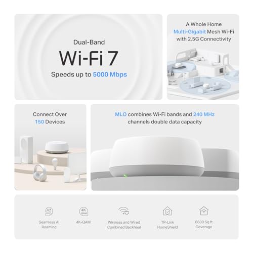 TP-Link Deco 7 BE25 Dual-Band BE5000 WiFi 7 Mesh Wi-Fi System | 4-Stream 5 Gbps, 240 Mhz | Covers up to 6,600 Sq.Ft | 2X 2.5G Ports Wired Backhaul | VPN,MLO, AI-Roaming, HomeShield, 3-Pack