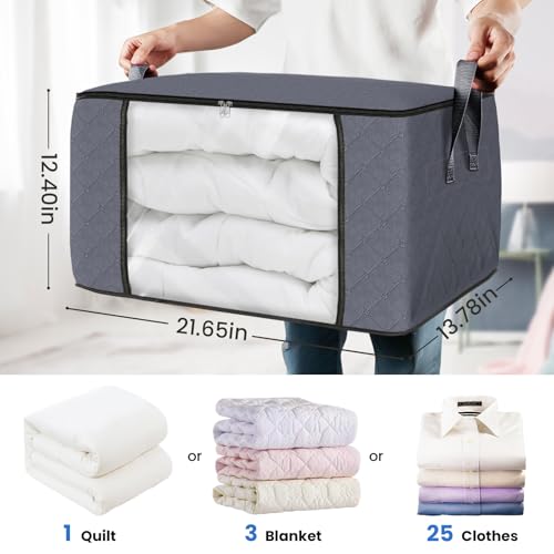 Fab totes 6 Pack Clothes Storage, Foldable Thick Fabric Blanket Storage Bags, Storage Containers for Organizing Bedroom, Closet, Clothing, Comforter, Organization and Storage with Handle,Grey