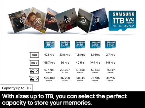 SAMSUNG EVO Select microSD Memory Card + Adapter, 1TB microSDXC, Up to 160 MB/s, UHS I, C10, U3, V30, A2, for Mobile Phone, Smartphones, Nintendo-Switch, and Tablets (MB-ME1T0SA/AM)