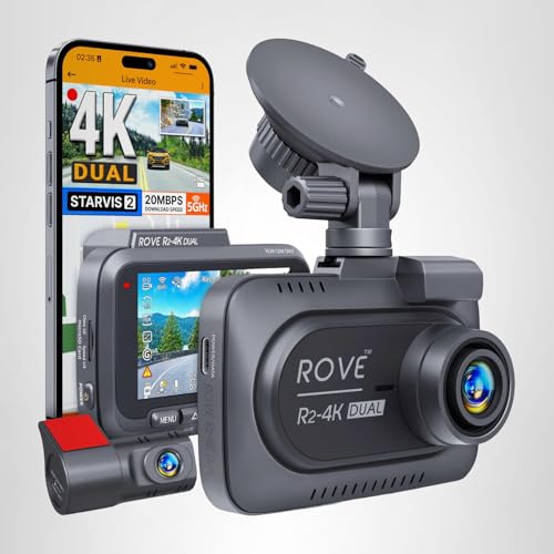 ROVE R2-4K DUAL Dash Cam Front and Rear, STARVIS 2 Sensor, FREE 128GB Card Included, 5G WiFi - up to 20MB/s Fastest Download Speed with App, 4K 2160P/FHD Dash Camera for Cars, 3" IPS, 24H Parking Mode