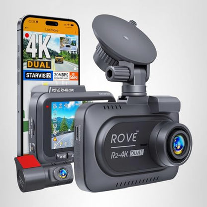 ROVE R2-4K DUAL Dash Cam Front and Rear, STARVIS 2 Sensor, FREE 128GB Card Included, 5G WiFi - up to 20MB/s Fastest Download Speed with App, 4K 2160P/FHD Dash Camera for Cars, 3" IPS, 24H Parking Mode