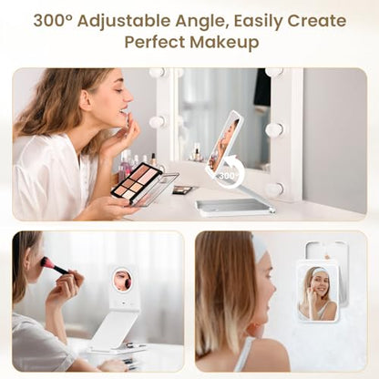 LAMPICK Travel Makeup Mirror with Lights, Portable Vanity Mirror with 5X Lighted Magnification,72 LEDs 3 Color Lights, Rechargeable 1000mAh Battery, Freely Adjust Height and Angle