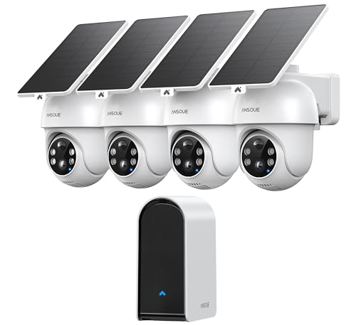 ANSQUE Security Cameras Wireless Outdoor Home System, 4 Camera Kit, No Subscription Fees, Solar Powered, Local Storage, 365-Day Battery Life, 360°PTZ Surveillance, Auto Tracking, 2K Color Night Vision