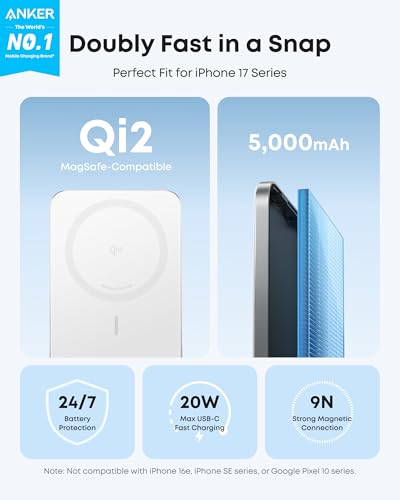 Anker Nano MagSafe Power Bank, Ultra-Slim 5,000mAh Magnetic Wireless Charging Battery, Qi2 Certified 15W Max MagSafe-Compatible Portable Charger, Ergonomic Design, for iPhone Air/17/16 Series