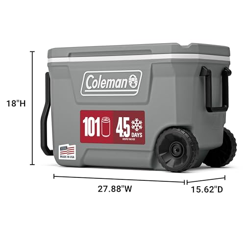 Coleman Classic Series Insulated Portable Rolling Cooler with Wheels, Leak-Resistant Outdoor Hard Cooler Keeps Ice up to 5 Days, 62-Quart