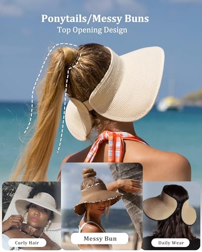 FURTALK Sun Visor Hats for Women Wide Brim Straw Roll-Up Ponytail Summer Beach Hat UV UPF Packable Foldable Travel Khaki