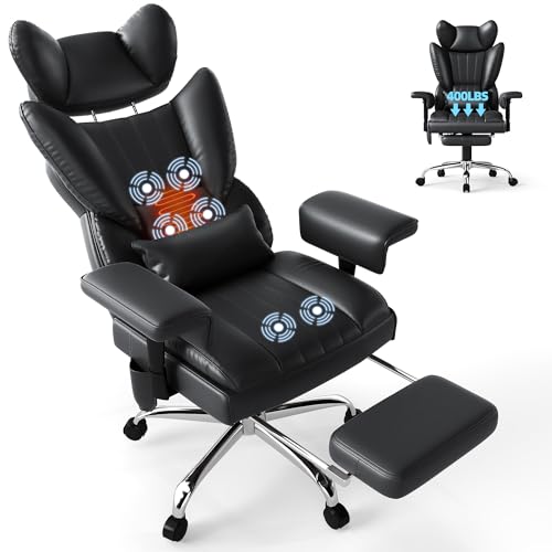 Mvpipi 6 Points Massage Office Chair with Foot Rest - 400LBS Executive Office Chair with Adjustable Headrest, Armrest and Lumbar Pillow, Comfortable Leather Desk Chair for Home Office, Black